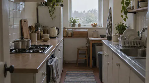 In morning window light a small narrow kitchen has a two-burner gas hob with a single steel pot, a plastic dish drainer of clean plates beside a steel sink, a kettle, a chopping board leaning against the tiles and a crowded worktop of jars and a bread bin.