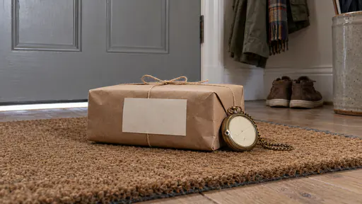 A small brown string-tied parcel with a blank address label lies on a doormat inside a grey front door with a brass pocket watch on its chain beside it and shoes and a coat on a hook behind in grey daylight.