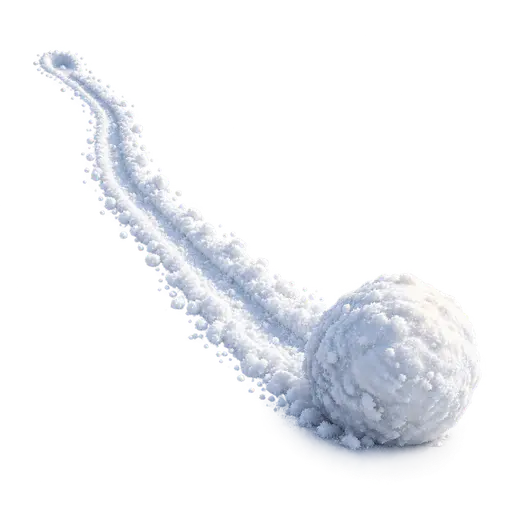 The snowball effect: a single snowball grown large mid-roll with one continuous thickening snow trail behind it, the metaphor for a process that grows by gathering more of the same material.