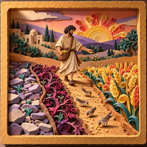 A sower in a sand tunic scatters seed across four stacked paper strips of stony ground, thorns, a path with small birds and a golden field beneath a quilled sun in a sculptural paper relief.