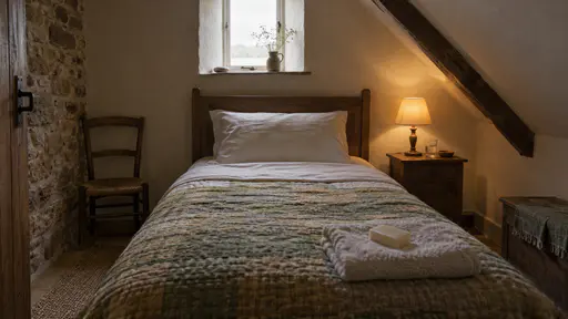 A small spare room under sloping eaves has a narrow bed freshly made with the sheet folded back, a folded towel and a bar of plain soap on the quilt and a glass of water and a lamp on the bedside table in warm lamp light.