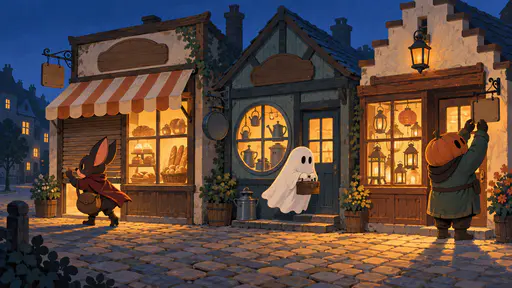 A wide gouache illustration of three small shops closing at dusk on a cozy halloween street: a bat-eared courier pulls a wooden shutter, a sheet ghost floats home hugging a toolbox, and a pumpkin-headed guard hangs a blank sign under a quiet sky.