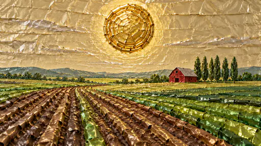 A bright round Sun of crimped gold foil tubes shines above patchwork farmland with a small red barn and a line of poplars in a shallow relief of folded foil with painted facets.