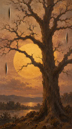 A large yellow Sun glows low behind the bare dark branches of a tall oak in a painted canvas with a few narrow slits cut through the sky showing dark depth between the branches.