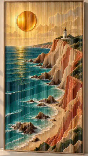 A round golden Sun hangs high above a curved rocky coastline with a small lighthouse in a shallow relief artwork of fine upright colour fins in gold, turquoise and sand.
