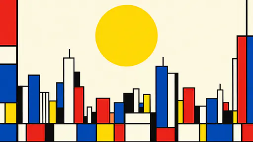 A large yellow Sun hangs above a skyline of flat tall towers in a graphic artwork divided by bold black bars into unequal compartments of red, blue and white.