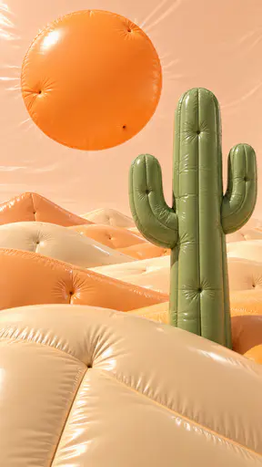 A large round orange inflatable Sun with a few tether dimples hovers above rolling cream and apricot dunes and a tall inflatable cactus under a pale peach sky.