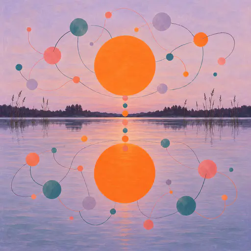 A round orange Sun sits low in a lilac sky with a matching reflection on a still lake and a loose network of small coloured discs and looping lines in a disc and wire artwork.