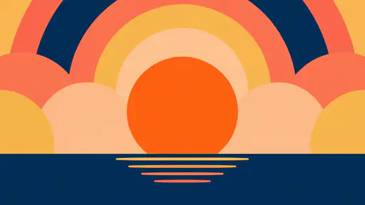 A large orange Sun rests just above a flat dark blue sea horizon with concentric arcs of apricot, coral and gold radiating across the sky in a flat colour sector illustration.