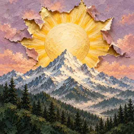 A painted round Sun with yellow rays rises behind a tall snow capped peak while the sky paper bursts open in torn flaps revealing a pale gold layer beneath pine covered slopes.