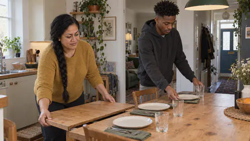 A woman with a long braid in a mustard jumper pulls the extra leaf out of a pine kitchen table while a young man in a charcoal hoodie sets a fourth plate, glass and folded napkin beside three laid places in warm light.