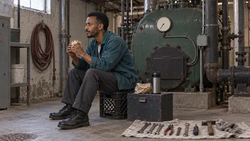 A tall bearded technician in a teal work jacket sits on an upturned crate eating a sandwich with a thermos on a toolbox lid beside a large green school boiler with a blank gauge dial and tools laid neatly on a cloth in low light.