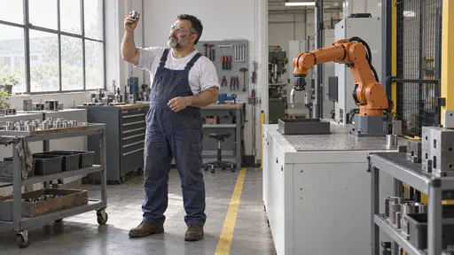 A stocky grey-bearded technician in blue overalls and safety glasses holds a small machined metal part up to the light on his side of a yellow floor line while an orange robot arm waits at rest over an empty tray in bright morning window light.