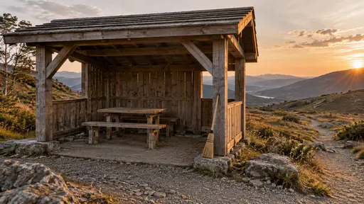 A small trailhead timber shelter stands swept clean and empty with its bench and table bare and a broom leaning on one post, the last sun on its roof in warm low dusk light.