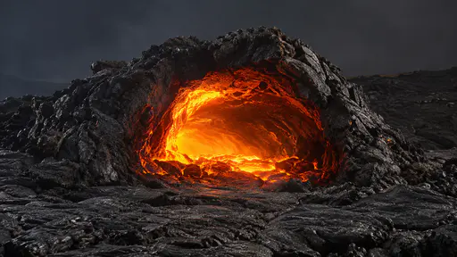One round lava tube opening glows bright orange from within in near darkness, its dark rim lit from inside against black cooled ground.