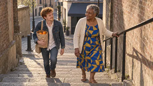 An older woman in a cobalt dress with a hand on an iron handrail turns back to a young man carrying a paper bag of oranges as they climb worn stone steps between brick walls in low golden light.