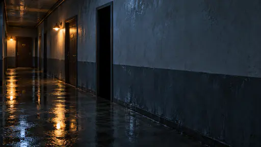 A dim apartment corridor after rain with a wet concrete floor reflecting two amber wall lamps. Off center at the left stands one unnaturally narrow, too tall doorway of pure darkness whose reflection is missing from the wet floor. The plain wall to its right is kept clear as copy space. Original spooky hallway Halloween background in a cinematic photographic style, blue-grey with warm amber pools, no people.
