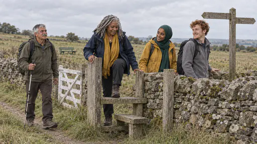 Two walkers wait on the far side of a timber stile in a dry-stone wall while a woman in a navy raincoat steps over and an older man with a walking pole follows in soft grey light.