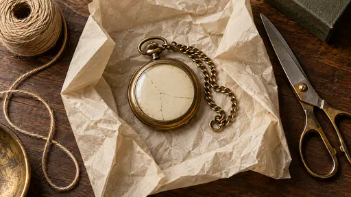A worn brass pocket watch lies on a sheet of crumpled cream tissue paper with its brass chain coiled beside it and a ball of twine and a pair of scissors waiting on a dark wooden table in warm lamp light.