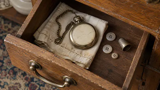 A worn brass pocket watch with a cracked cream face lies on a folded yellowed handkerchief in the corner of an open oak drawer beside loose buttons and a tarnished thimble in soft dusty window light.