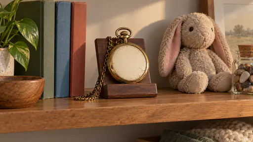 A worn brass pocket watch hangs on its chain over a small wooden stand on a bedroom shelf beside picture books, a stuffed toy rabbit and a glass jar of pebbles in warm morning light.
