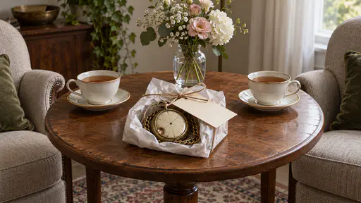 A pocket watch on its chain rests against a tissue and twine bundle with a plain blank card tucked under the twine on a small wooden round table between two cups of tea facing each other and two empty armchairs with flowers behind.