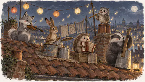 A fox with a fiddle, a hare at drums, a hedgehog with an accordion, an owl with a flute and a badger with a washtub bass play together on a rooftop under paper lanterns with warm notes of light drifting upward.