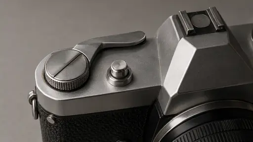 The top plate of one film camera fills the frame showing its folded metal winding lever, its plain shutter release and the rim of its rewind knob with every dial face blank in crisp directional light.