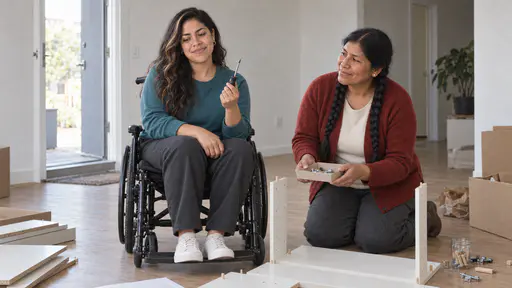 A wheelchair-using woman in her early thirties holds up a screwdriver with a rueful expression over a half-assembled plain shelf on the floor while a sturdy woman in her mid forties with two long black braids kneels close steadying a small tray of screws, shelf boards laid out around them in clear morning light.