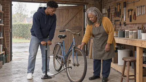 A tall young man in a navy hoodie pumps the front tyre of an upright old blue bicycle with a floor pump while an older woman with silver locs in a mustard cardigan presses a thumb on the tyre sidewall to test it in soft side light.