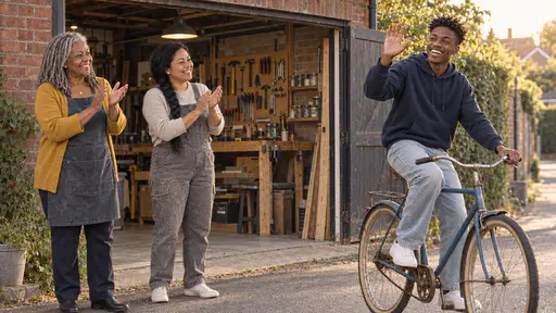 A tall young man in a navy hoodie rides an old blue bicycle slowly down a quiet street waving with a wide grin while an older woman with silver locs and a woman with a long black braid stand on the pavement clapping beside an open garage in golden evening light.