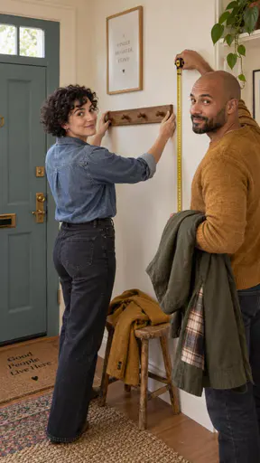 A woman positions a wooden coat rail while a man measures its height beside a blue-green door, with coats and a stool nearby.