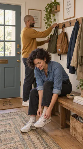 A woman ties her shoes on a bench while a man hangs two bags beside fitted coat hooks and a key bowl at the front door.
