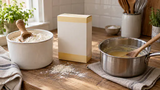 On a scrubbed wooden kitchen bench against a pale tiled wall a tub of white flour with a wooden scoop, a plain cornflour box with a sprinkle of white powder and a small steel saucepan of pale golden roux with a wooden spoon stand side by side in broad soft window light.