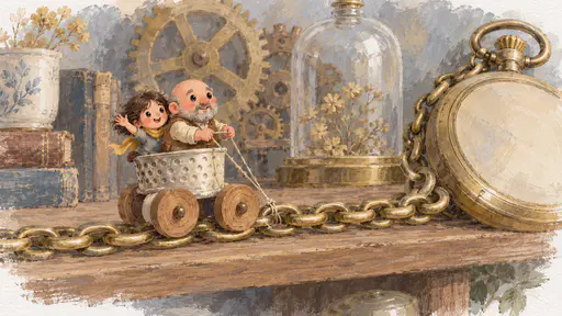 A thimble-and-spool cart carrying two thumb-sized residents rolls along the huge linked chain of a giant brass pocket watch on a wooden shelf, a stocky bald man with a goatee driving with thread reins while a tiny passenger waves in midday light.
