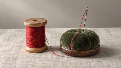 On a pale linen cloth in diffuse morning light a wooden thread spool of red cotton sits beside a steel needle threaded with the same red thread standing upright in a round green velvet pincushion with both fully in view seen from a slight high angle.