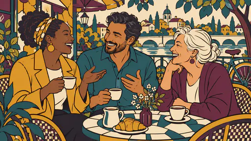 Three fictional adults in a yellow coat, a teal shirt and a plum cardigan stand close and laugh on a cafe terrace in a flat interlocking colour drawing with a continuous contour network.