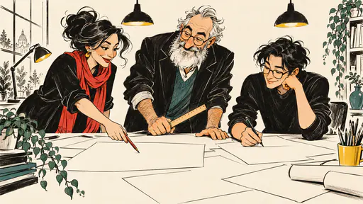 Three fictional adults lean over a large drawing table of blank sheets, one pointing with a pencil, one holding a ruler and one sketching in a sweeping line caricature with pendant lamps overhead.