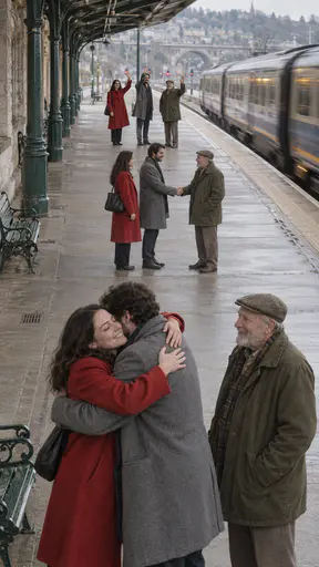 Three fictional adults in a red coat, a grey overcoat and a flat cap greet each other with a hug, a handshake and a wave on a station platform in a colour film photograph.