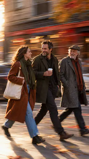 Three fictional adults in autumn coats stride side by side along a city sidewalk while the shop fronts streak behind them in a tracking pan photograph on colour film.