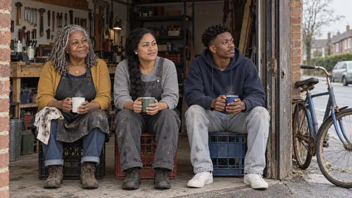 An older woman with silver locs, a woman with a long black braid and a tall young man sit in a row on upturned crates in a garage doorway each holding a steaming mug beside an old blue bicycle leaning on the doorframe in mellow afternoon light.