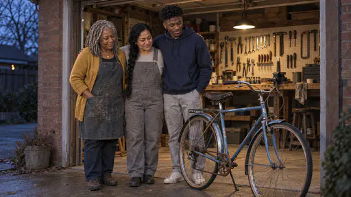 An older woman with silver locs, a woman with a long black braid and a tall young man stand shoulder to shoulder in a lit garage doorway with their arms around each other beside an old blue bicycle on its stand with tools hung behind them at blue dusk.