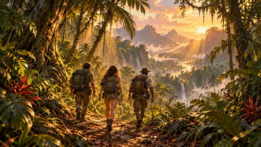 Three hikers with backpacks seen from behind walk a jungle trail beneath palms and rays of light.