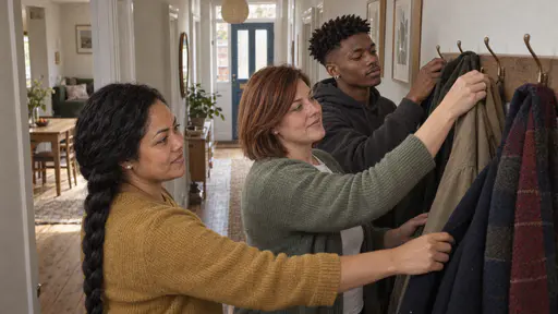 A woman with a long braid in a mustard jumper, a young man in a charcoal hoodie and a woman with an auburn bob in a sage-green cardigan hang coats on a row of hallway hooks with the newcomer using the empty hook between theirs in warm light.