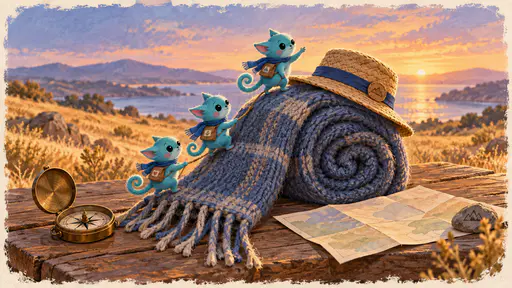 Three thumb-sized turquoise creatures climb in single file up a rolled wool scarf with a thread rope, the leader pointing the way toward a straw hat on top, beside a brass compass and a folded blank map on a wooden table.