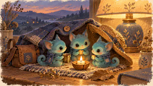 Three thumb-sized turquoise creatures sit around a candle stub in a walnut shell sharing a crumb and a thimble of tea inside a ring formed by a satchel, a folded coat and a straw hat on a wooden table in a bedside lamp glow.