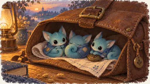 Three thumb-sized turquoise creatures with big black eyes and tiny blue scarves sleep curled together on a folded handkerchief with a button pillow inside the flap of an open worn leather satchel in warm lamplight.