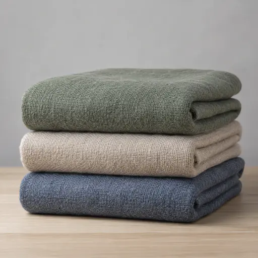 A neat stack of three folded woollen blankets in plain sage green, oatmeal and slate blue with crisp folds sits on a pale wooden table in a studio photograph.