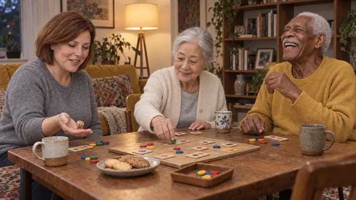 A woman with an auburn bob rolls a wooden die, a very small elderly woman with a silver bun leans forward with a counter and a tall elderly man laughs with his head back around a square table with mugs and biscuits in warm evening light.