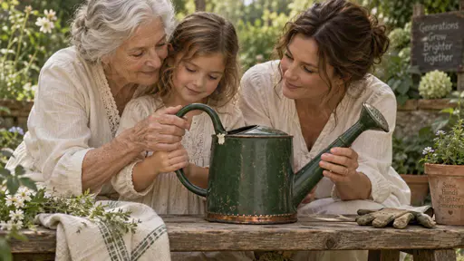 An older adult guides a child's hands on a green watering can while another adult steadies its spout over a garden bench.
